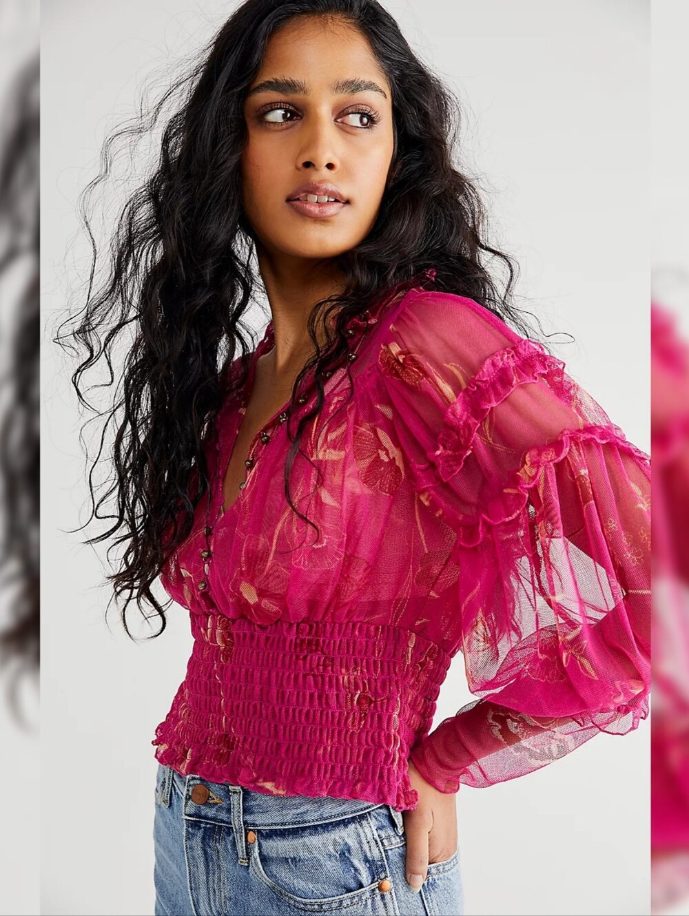 Free People Time For Shine Top Sheer Floral Smocked Waist Blouse Pink Women's XL